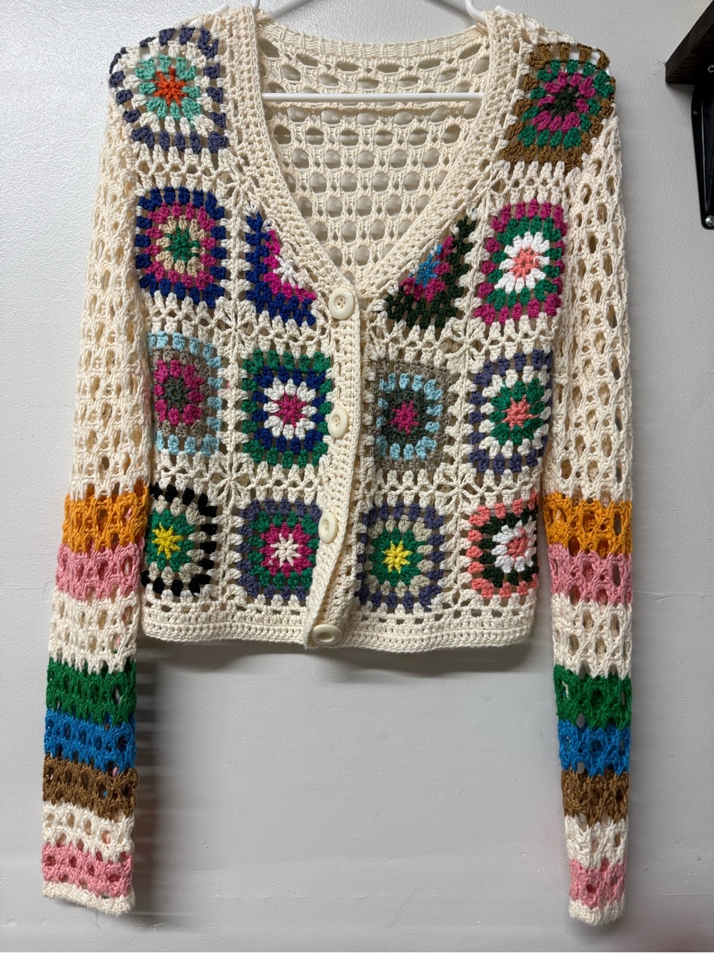 SHEIN Cream Crochet Granny Square Multicolor Button Cardigan